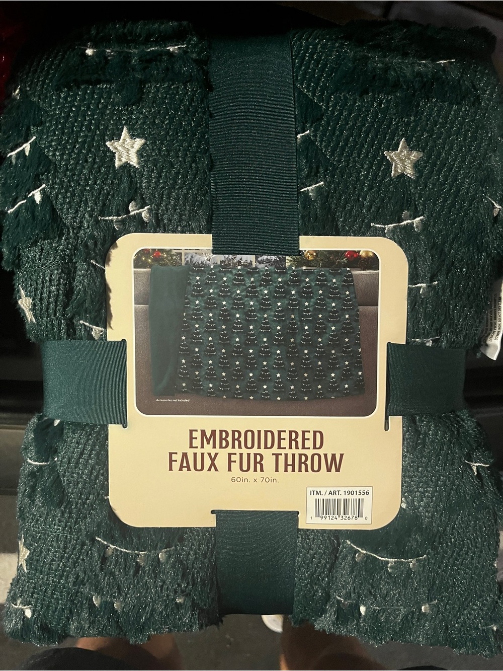 Costco Holiday Embroidered Faux Fur Throw - Dark Green Christmas Trees
